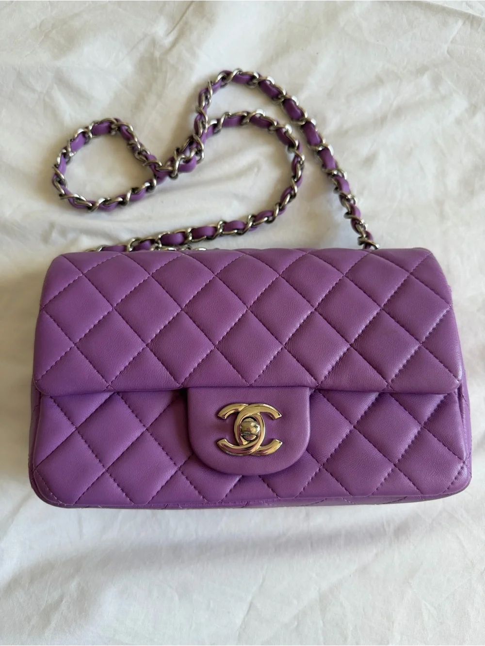 CHANEL Mini Quilted Lambskin Shoulder Bag in Lilac Purple with Silver Hardware